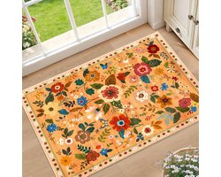 Bloemen Vloermat Oranje 60x90cm – Wasbaar Boheems Fluweel Tapijt, Geschikt voor Woonkamer, Slaapkamer en Speelkamer
