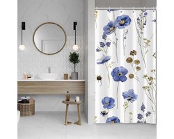 Bloemendouchegordijn - 120 x 200 cm - lente aquarel - blauwe bloemen - planten - badkamer - wasbaar - smal - polyester - waterdicht - 8 haken douchegordijn 120x200