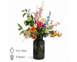Bloemenjunkie - Kunstbloemen - Zijden Bloemen Boeket - Inclusief Vaas - Nepbloemen - Kunstboeket - 75cm Hoog - Luxe & Onderhoudsvrij - Gloriosa - Scabiosa - Vaas