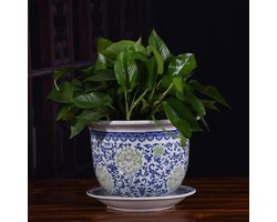 Bloemenkwekerij Decor Pot - Porselein Plantenbak - Planten Binnen - Met Afvoergat - 12cm x 17cm - Blauw Wit