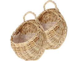 Bloemenmand van rotan om op te hangen aan de muur - Opbergmand voor groenten en bloemen - Hangende plantenbak van rotan voor de deur - Zeewier krantenstandaard hout - Set van 2stuks