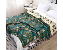 Bloemenprint met vogels – landelijke decoratie – 150 cm x 200 cm – geschikt voor banken en stoelen het hele jaar door (groen)