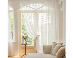 Bloemenprint transparante pompon boho Franse landelijke cottage gordijnen voor slaapkamer, wit,roedezakken,140x160cm