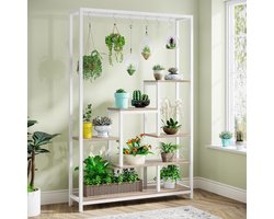 Bloemenstandaard, 5-laagse plantenstandaard, 180 cm hoog, metalen plantenrek met 10 S-haken, bloemenrek voor binnen, balkon, vloer, bloementrap, woonkamer, wit en beige-HMTM-0505