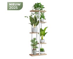 Bloemenstandaard – Metalen Plantenrek met 6 Houten Planken – Duurzaam & Stabiel – Geschikt voor Binnen & Buiten – Modern Design voor Kamerplanten, Tuin & Terras