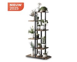 Bloemenstandaard – Metalen Plantenrek met 6 Houten Planken – Duurzaam & Stabiel – Geschikt voor Binnen & Buiten – Modern Design voor Kamerplanten, Tuin & Terras
