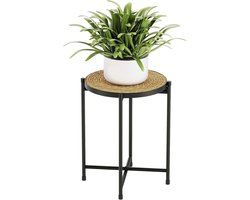 Bloemenstandaard, metalen plantenstandaard met gevlochten dienblad, moderne bloementafel voor binnen en buiten, plantenrek voor woonkamer, terras, balkon