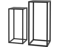 Bloemenstandaard Set 2 Stuks 31x31x65cm 25x25x58.5cm Zwart, Metalen Plantenrek Scandinavisch Design, Stalen Frame Plantenhouder Voor Balkon Tuin Terras Woonkamer, Ruimtebesparend Stapelbaar Modern Minimalistisch Decoratief Interieur Accessoire