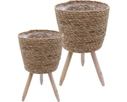 Bloemenstandaard van stro binnen met folie set van 2 - Ø 26 en 20 cm - rotan plantenstandaard met 3 houten poten - decoratieve bloempot mand pot met poten voor kamerplanten