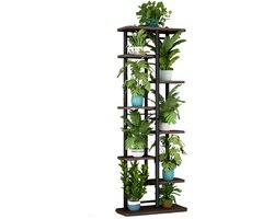 Bloemenstandaard - Voor Binnen, Terras, Balkon & Tuin - Hoge Plantenhouder met Antislip Hoek - Metaal met Houten Versterkte Basis - 8 Tier