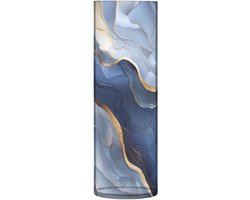 Bloemenvaas Cilíndrisch - Decoratieve Vaas - Tafeldecoratie - Onbreekbaar Materiaal - 30x10cm - Marmer Zilver Blauw