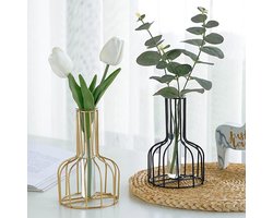 Bloemenvaas met metalen frame en glazen reageerbuis