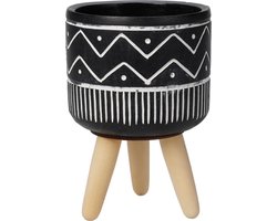 Bloempot aardewerk op houten pootjes 10x15cm zwart