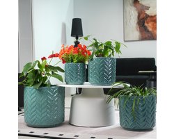 Bloempot – Aqua Blauwe Glans Met Visgraat Reliëf – Ø20 Cm – Keramiek – Aqua Blauw – Voor Mini Sukkulenten En Tafelkruiden