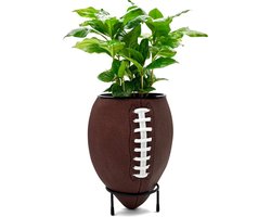 Bloempot, echt football van bruin PU-leer met zwarte metalen standaard, plantenbak voor kamerplanten, binnendiameter 11,7 cm, totale hoogte 22,5 cm