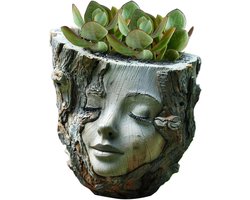Bloempot Gezicht Vrouw - Hoofd Plantenbak - Planten Decoratie - Handgemaakt Hars Ontwerp - 13x14x13 cm - Multicolor
