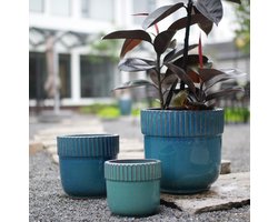 Bloempot – Glanzende Geribbelde Rand – 38 Cm – Keramiek – Blauwgroen – Voor Binnen En Buiten – Met Afwateringsgat – Vorstbestendig