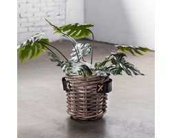 Bloempot Grijs met Leren Handvat - Rotan - 35x35x35cm