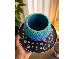 Bloempot met drakenschubbenpatroon – 3D-geprinte plantenbak met drainage | Turquoise en paarse ombré woondecoratie