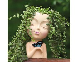 Bloempot met gezichtje voor buiten, bloempot van hars voor vetplanten met drainagegaten, schattige bloempot met damesgezichtje.