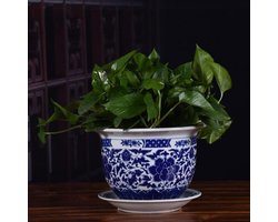 Bloempot met schotel - Decoratieve plantenpot - Planten Binnen Buiten - Chinees porselein - 35cm bij 48cm - Blauw Wit