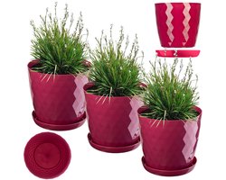 Bloempot met Schotel - Decoratieve Pot - Binnen Planten - Lichtgewicht Kunststof - Set van 3 - 20 cm - Amarant