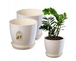 Bloempot met schotel - Plantenpot set - Binnen planten - Lichtgewicht kunststof - 18 en 20 cm - Ecru