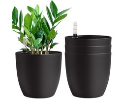 Bloempot met Zelfwatergevend Systeem en Waterindicator - 22 cm - Zwart - Set van 4 - Waterreservoir - Plantenbak voor Binnen en Buiten - Automatische Bewatering
