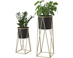 Bloempot op standaard set van 2 zwart en messing