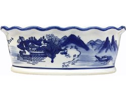 Bloempot ovale bonsai plantenbak handgeperst keramiek blauw en wit ronde plantenpot gegolfd blauw en wit porselein binnen vensterbank succulente plantenbakken (maat: 15CM) ()
