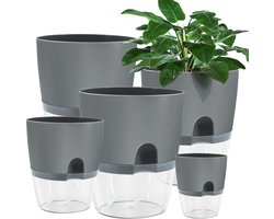 Bloempot, plastic, 5 stuks, 15,3 cm/10,5 cm/8,2 cm, kruidenpot met zelfbewatering en waterreservoir, moderne plantenpot voor kamerplanten, bloemen en kruiden, grijs
