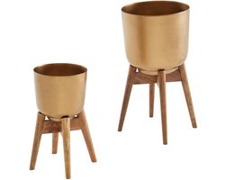 Bloempot Set van 2 Metalen / Massief Houten Plantenbakken Goud met Voetjes | Design Plantenbak Rond
