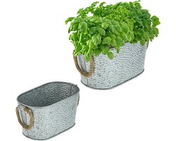 bloempot zink - set van 2 - vintage - jute handgrepen - 3 l en 5,5 l - zilver
