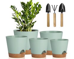 Bloempotten - 5 stuks - kunststof - met irrigatiesysteem - 17,8/16,5/15,2/13,9/12,7 cm - zelfbewatering - met onderzetter - rond - voor binnen - balkon - tuin - planten - vetplanten - cactussen - groen - tuinieren - decoratie