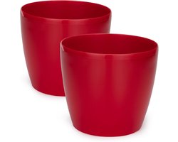 Bloempotten, glanzend, decoratief, voor bloemen en kruiden, lange levensduur, licht, rond, kunststof, voor woonkamer, eetkamer, keuken, terras, balkon, set van 2, rood, doorsnede 13 cm