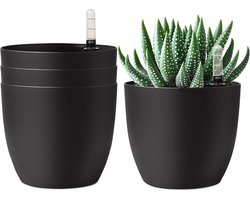 Bloempotten voor binnen - Zelfbewaterende Bloempot - bloempotten voor buiten - met Waterniveau-Indicator – Set van 4 Zwarte Kunststof Bloempotten met Waterreservoir - Decoratieve Potten voor Huis en Balkon