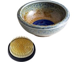 Bloemschikset - Bloemenprikker vaas - Bloemen schikken - Keramiek en messing - 12.8 cm - Bruin blauw