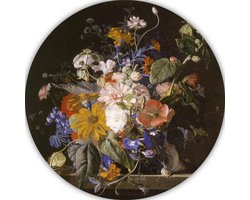 Bloemstilleven en slakken op een stenen richel - Jan van Huysum muurcirkel - Bloemen wanddecoratie rond - Wandcirkel Natuur - Muurdecoratie kinderkamer - Schilderij - Muurkunst muurcirkel aluminium 40x40 cm