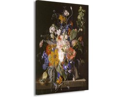Bloemstilleven en slakken op een stenen richel - Jan van Huysum wanddecoratie - Bloemen schilderijen - Canvas schilderij Natuur - Schilderijen op canvas industrieel - Canvas schilderij woonkamer - Kantoor decoratie 40x60 cm