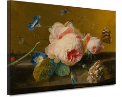 Bloemstilleven - Jan van Huysum schilderij - Bloemen schilderij - Schilderijen canvas Natuur - Muurdecoratie industrieel - Schilderijen canvas - Decoratie woonkamer 90x60 cm