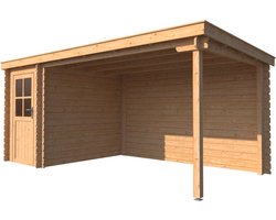 Blokhut met overkapping - totale breedte 5 meter - lessenaarsdak - tuinhuis Zweeds vuren