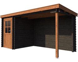 BlokhuttenOutlet.nl Blokhut met overkapping lessenaar dak 150 x 200 + 300cm in black wash met brown wash