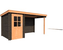 BlokhuttenOutlet.nl Blokhut met overkapping lessenaar dak 150 x 200 + 300cm in black wash met douglas wash