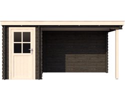 BlokhuttenOutlet.nl Blokhut met overkapping lessenaar dak 150 x 200 + 300cm in black wash met white wash