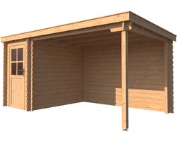 BlokhuttenOutlet.nl Blokhut met overkapping lessenaar dak 150 x 250 + 300cm