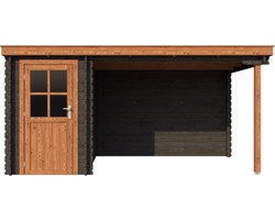 BlokhuttenOutlet.nl Blokhut met overkapping lessenaar dak 150 x 250 + 300cm in black wash met brown wash