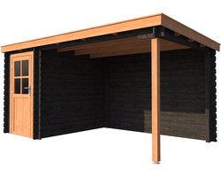 BlokhuttenOutlet.nl Blokhut met overkapping lessenaar dak 150 x 250 + 300cm in black wash met douglas wash