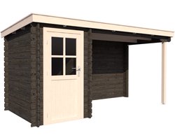 BlokhuttenOutlet.nl Blokhut met overkapping lessenaar dak 150 x 250 + 300cm in black wash met white wash