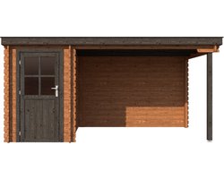 BlokhuttenOutlet.nl Blokhut met overkapping lessenaar dak 150 x 250 + 300cm in brown wash met black wash