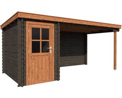 BlokhuttenOutlet.nl Blokhut met overkapping lessenaar dak 150 x 250 + 350cm in black wash met brown wash